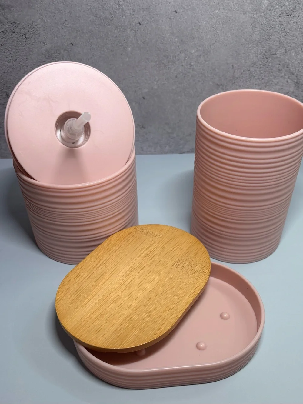 Pink Ceramic and Bamboo Bath Accessory Set - 3 Piece